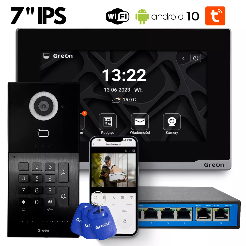 GR-OS10K(G) + GR-IS2 IPS + switch +3 breloki+ Tuya Wideodomofon WiFi IP Greon, Android10, z Tuya, 16 CCTV, zdjęcia, filmy, natynkowy, z szyfratorem, czytnik 125KHz i 13,56MHz, brama i furtka, czarny