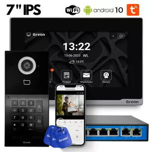GR-OS10K(G) + GR-IS2 IPS + switch +3 breloki+ Tuya Wideodomofon WiFi IP Greon, Android10, z Tuya, 16 CCTV, zdjęcia, filmy, natynkowy, z szyfratorem, czytnik 125KHz i 13,56MHz, brama i furtka, czarny