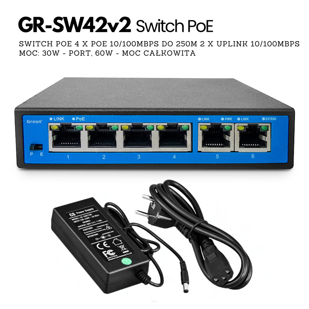 GR - SW42 v2 Switch PoE , 6 PoE, 2 Uplink, 250m do wideodomofonów IP, kamer IP