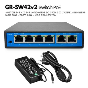 GR - SW42 v2 Switch PoE , 6 PoE, 2 Uplink, 250m do wideodomofonów IP, kamer IP