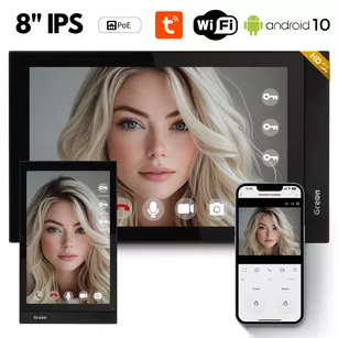 GR - IS22 IPS 8" Ekran wideodomofon WiFi IP/SIP Greon do Smart Home, montaż pion i poziom, 16 kamer, Android10, Tuya, zdjęcia, filmy, 4 przekaźniki, PoE, czarny