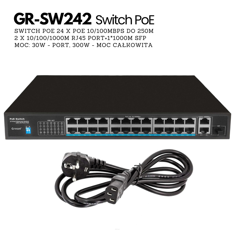 GR - SW242 v2 Switch PoE, 24 PoE, 300W, 30W na port, 300m, 2 Uplink, 1 port światłowodowy do wideodomofonów IP, kamer IP