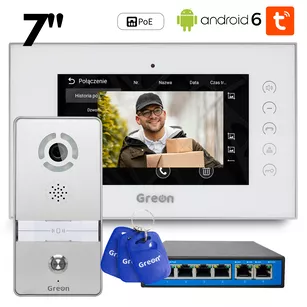 GR-IS1-WA GR-OS8 wideodomofon natynkowy IP Greon, Android, 16 CCTV, zdjęcia, filmy, 3 breloki, switch poe, biały