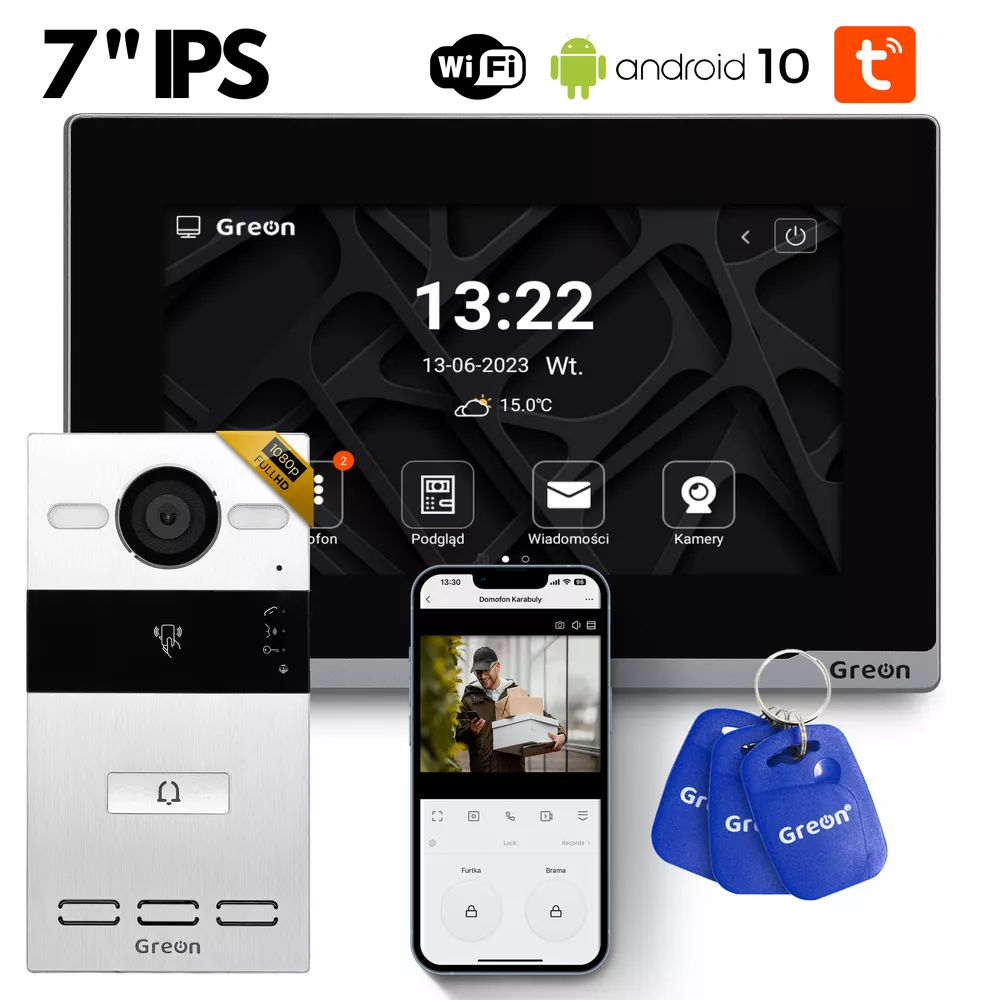 GR-OS10-1B GR-IS2 IPS + 3 breloki Wideodomofon PREMIUM WiFi IP Greon  Android10 Tuya, 16 CCTV zdjęcia filmy natynkowy aluminium, czytnik 125KHz i 13,56MHz, brama i furtka, czarny
