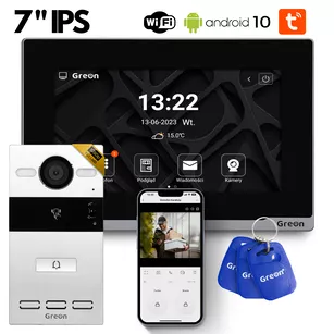 GR-OS10-1B GR-IS2 IPS + 3 breloki Wideodomofon PREMIUM WiFi IP Greon  Android10 Tuya, 16 CCTV zdjęcia filmy natynkowy aluminium, czytnik 125KHz i 13,56MHz, brama i furtka, czarny