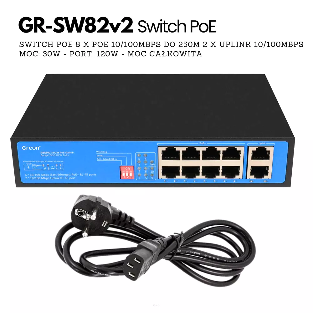 GR - SW82 v2 Switch PoE , 8 PoE, 2 Uplink, 250m do wideodomofonów IP, kamer IP