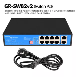 GR - SW82 v2 Switch PoE , 8 PoE, 2 Uplink, 250m do wideodomofonów IP, kamer IP