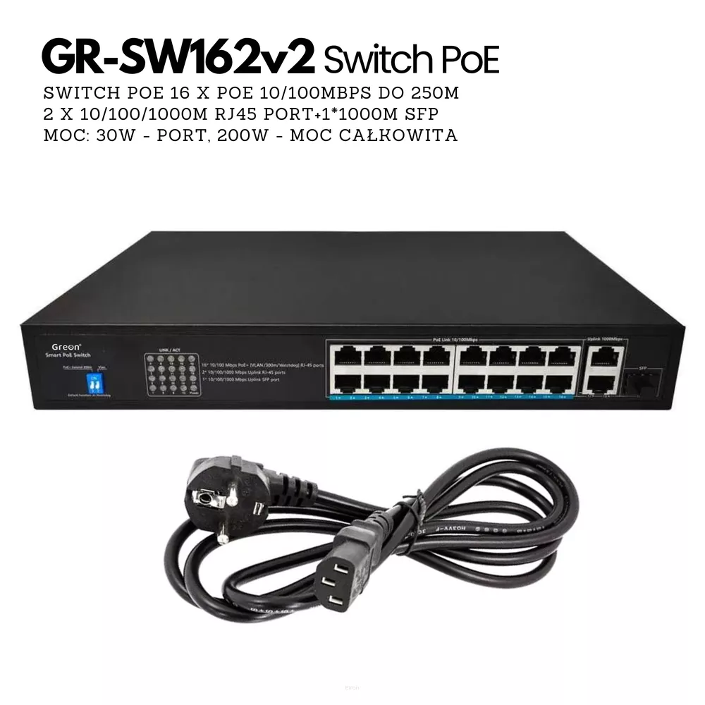 GR - SW162 v2 Switch PoE 16 PoE, 2 Uplink, 250m 1 port światłowodowy do wideodomofonów IP, kamer IP