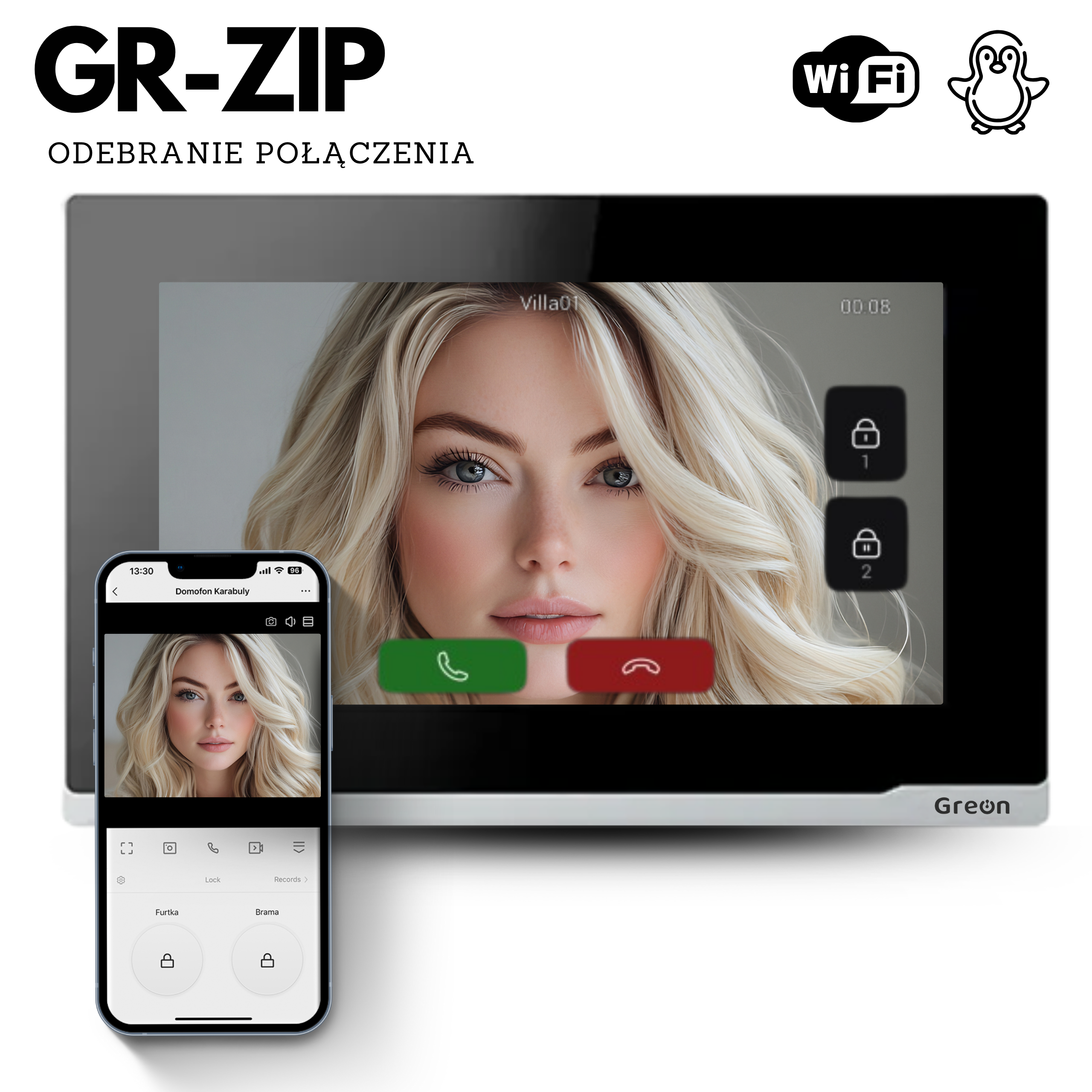 ekran wideodomofonu dwuprzewodowy wifi 7 cali greon ip