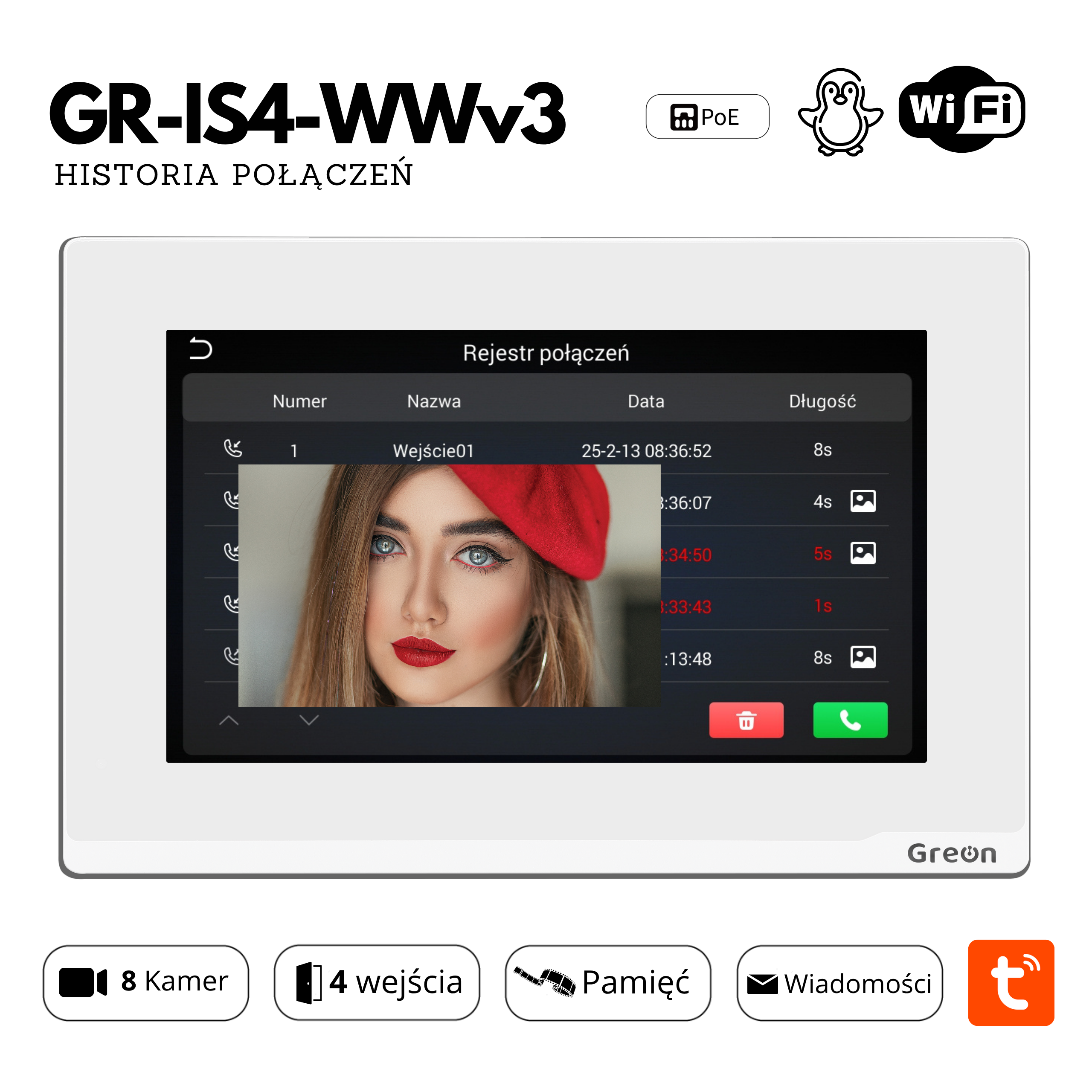 wideodomofon wifi greon gr-is4-wwv3 pamięć nieodebranych połączeń